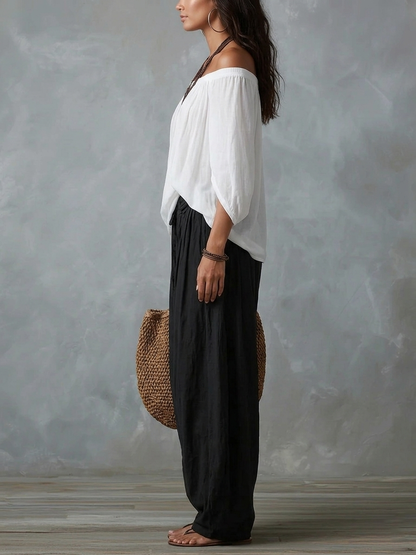 Conjunto de Top Blanco Off-the-Shoulder y Pantalones Lantern Holgados